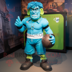 Cyan Frankenstein mascot costume character dressed with a Rugby Shirt and Cummerbunds