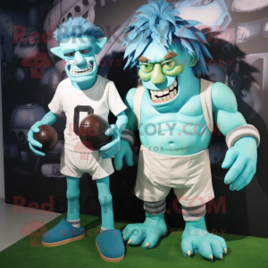 Cyan Frankenstein mascot costume character dressed with a Rugby Shirt and Cummerbunds