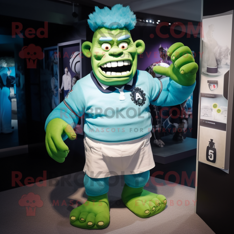 Cyan Frankenstein mascot costume character dressed with a Rugby Shirt and Cummerbunds