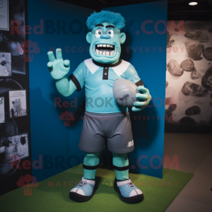 Cyan Frankenstein mascot costume character dressed with a Rugby Shirt and Cummerbunds