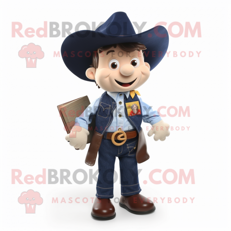 Navy Cowboy mascot costume character dressed with a Cardigan and Wallets Navy Cowboy mascot costume character dressed with a Cardigan and Wallets