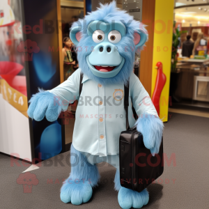 Sky Blue Baboon mascot costume character dressed with a Dress Shirt and Tote bags