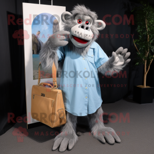 Sky Blue Baboon mascot costume character dressed with a Dress Shirt and Tote bags