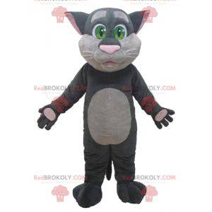 Grande mascote gato cinza e rosa com olhos verdes -