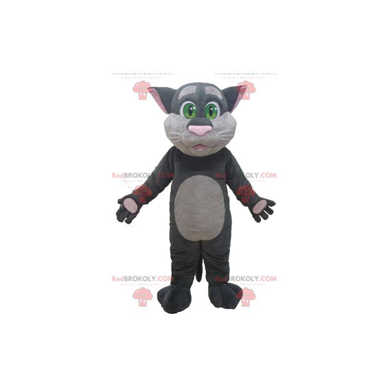 Grande mascote gato cinza e rosa com olhos verdes -