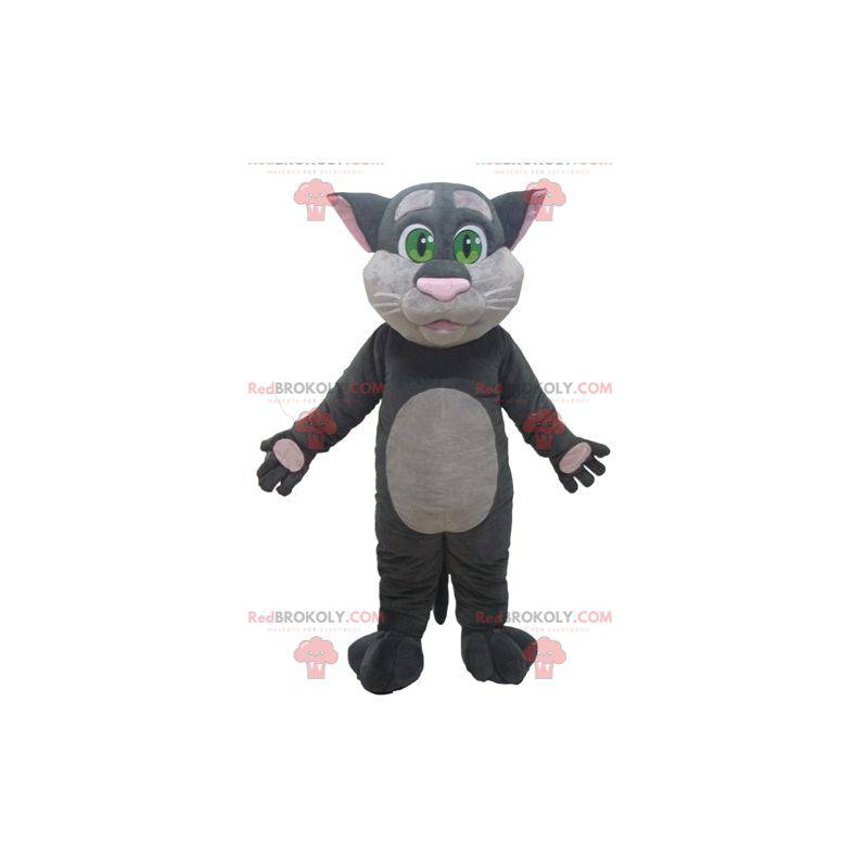 Mascotte de gros chat gris et rose avec des yeux verts -