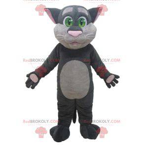 Mascotte de gros chat gris et rose avec des yeux verts -