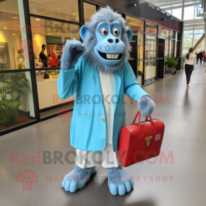 Sky Blue Baboon mascot costume character dressed with a Dress Shirt and Tote bags
