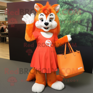 Orange Skunk mascot costume character dressed with a Mini Skirt and Tote bags