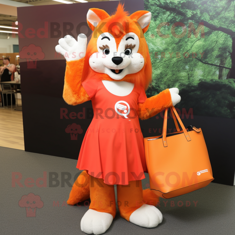 Orange Skunk mascot costume character dressed with a Mini Skirt and Tote bags Orange Skunk mascot costume character dressed with a Mini Skirt and Tote bags
