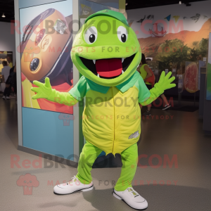 Lime Green Barracuda mascot costume character dressed with a Shorts and Caps
