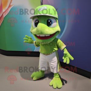 Lime Green Barracuda mascot costume character dressed with a Shorts and Caps