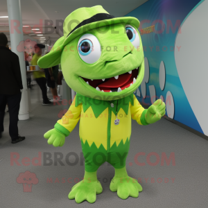 Lime Green Barracuda mascot costume character dressed with a Shorts and Caps