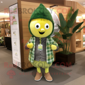 Forest Green Lemon mascot costume character dressed with a Flannel Shirt and Wraps