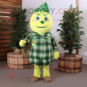 Forest Green Lemon mascot costume character dressed with a Flannel Shirt and Wraps
