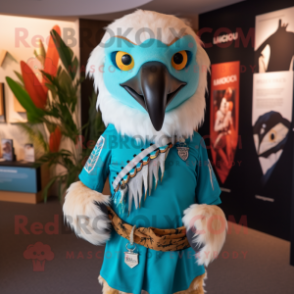 Turquoise Falcon mascot costume character dressed with a Rugby Shirt and Ties