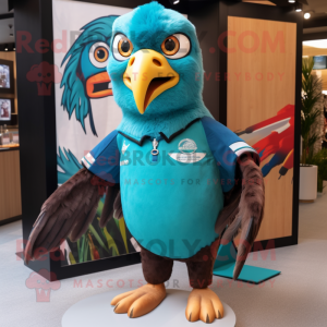 Turquoise Falcon mascot costume character dressed with a Rugby Shirt and Ties