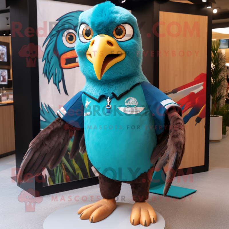 Turquoise Falcon mascot costume character dressed with a Rugby Shirt and Ties