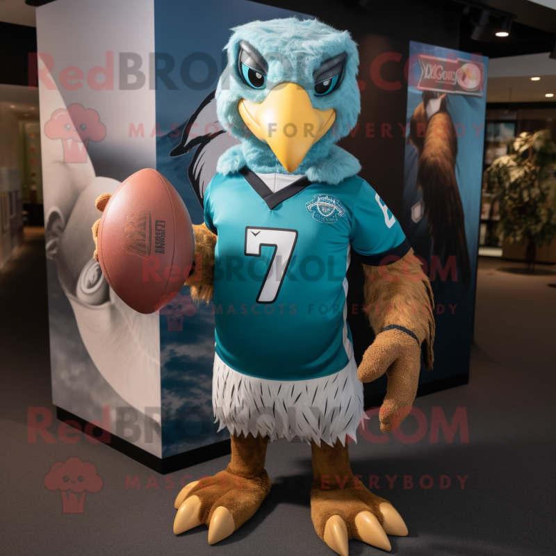 Turquoise Falcon mascot costume character dressed with a Rugby Shirt and Ties