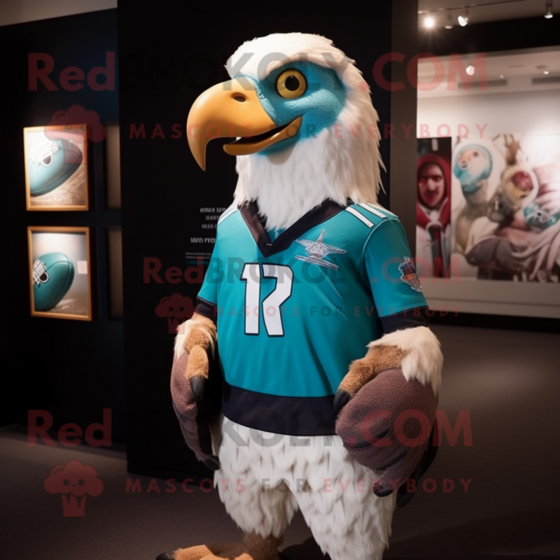 Turquoise Falcon mascot costume character dressed with a Rugby Shirt and Ties Turquoise Falcon mascot costume character dressed with a Rugby Shirt and Ties