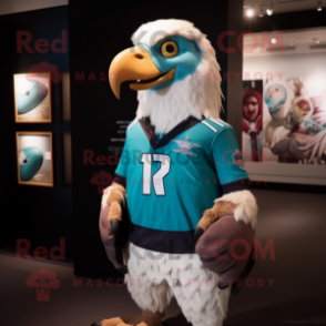 Turquoise Falcon mascot costume character dressed with a Rugby Shirt and Ties