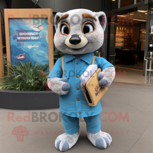 Sky Blue Meerkat mascot costume character dressed with a V-Neck Tee and Wallets