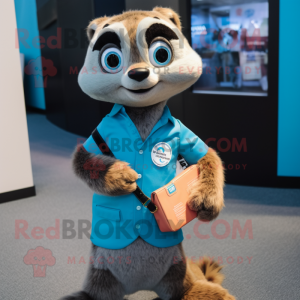 Sky Blue Meerkat mascot costume character dressed with a V-Neck Tee and Wallets