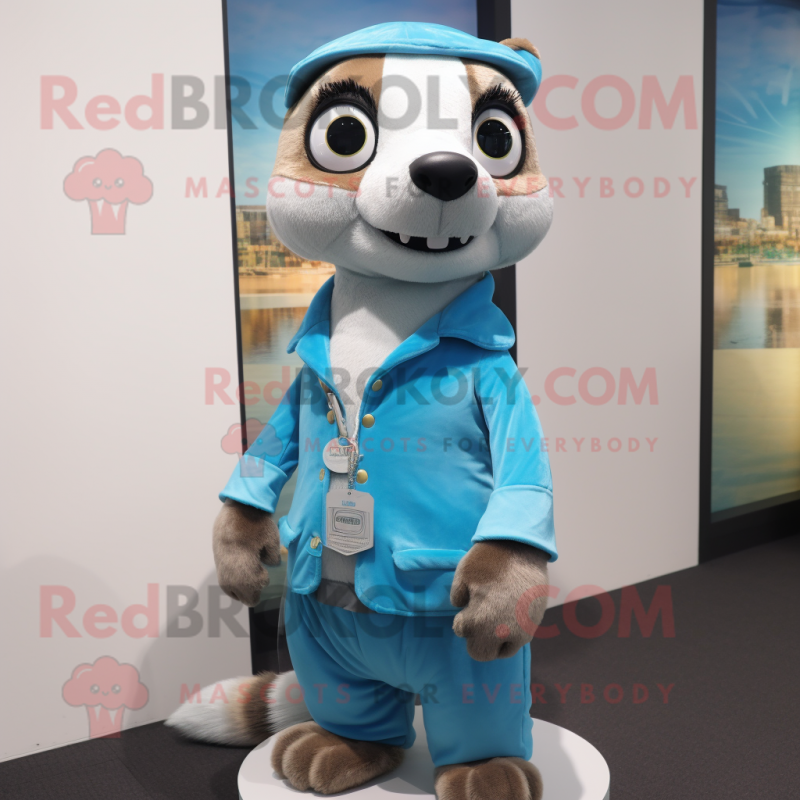 Sky Blue Meerkat mascot costume character dressed with a V-Neck Tee and Wallets