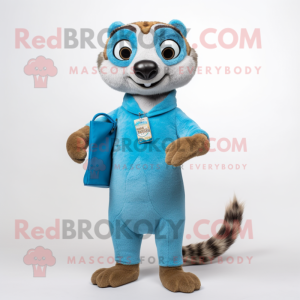 Sky Blue Meerkat mascot costume character dressed with a V-Neck Tee and Wallets