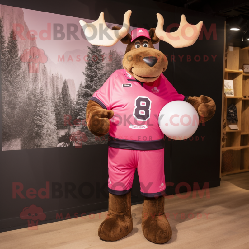 Pink Moose mascot costume character dressed with a Rugby Shirt and Suspenders