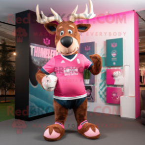 Pink Moose mascot costume character dressed with a Rugby Shirt and Suspenders