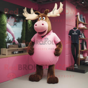 Pink Moose mascot costume character dressed with a Rugby Shirt and Suspenders