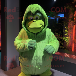 Lime Green Orangutan mascot costume character dressed with a Hoodie and Coin purses