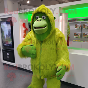 Lime Green Orangutan mascot costume character dressed with a Hoodie and Coin purses