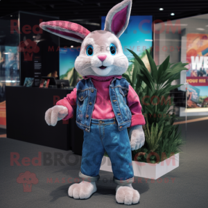 Magenta Wild Rabbit mascot costume character dressed with a Denim Shorts and Scarves