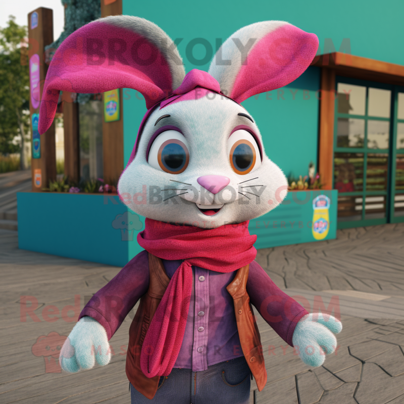 Magenta Wild Rabbit mascot costume character dressed with a Denim Shorts and Scarves