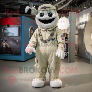 Cream Air Force Soldier mascot costume character dressed with a Dungarees and Earrings