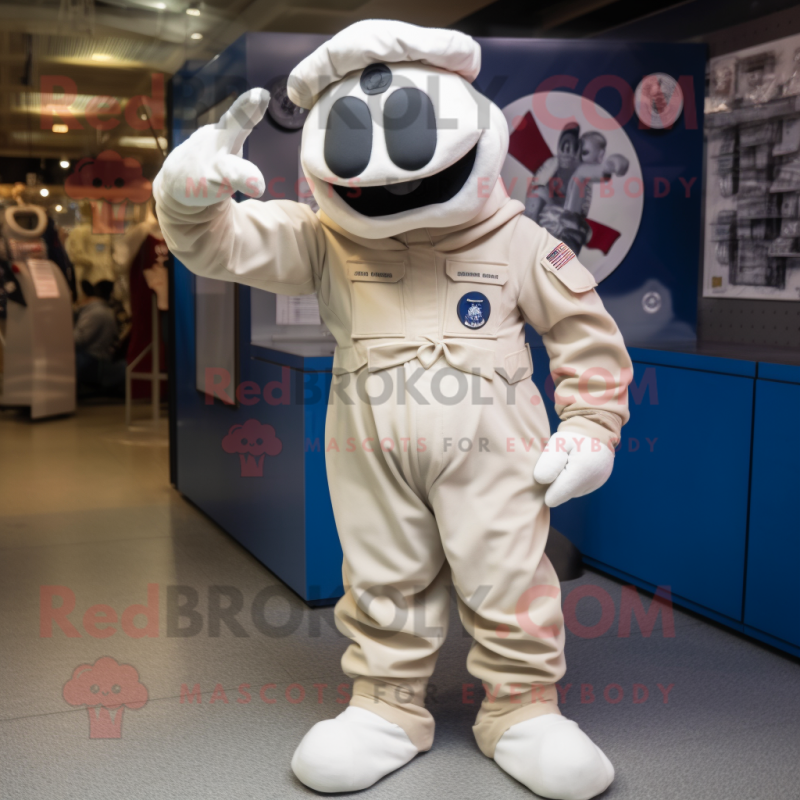 Cream Air Force Soldier mascot costume character dressed with a Dungarees and Earrings