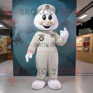 Cream Air Force Soldier mascot costume character dressed with a Dungarees and Earrings