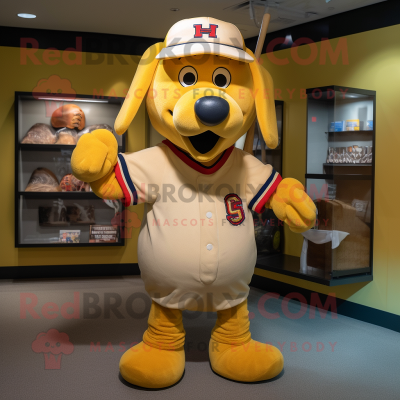 Gold Hot Dog mascot costume character dressed with a Baseball Tee and Belts Gold Hot Dog mascot costume character dressed with a Baseball Tee and Belts