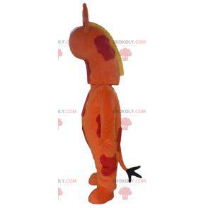 Gigantische oranje rood en geel giraffe mascotte -