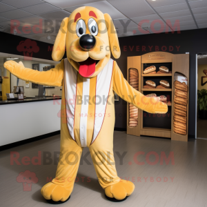 Gold Hot Dog mascot costume character dressed with a Baseball Tee and Belts