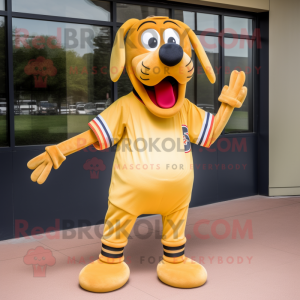 Gold Hot Dog mascot costume character dressed with a Baseball Tee and Belts