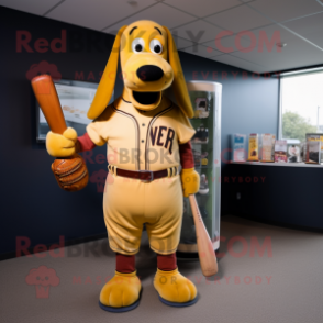 Gold Hot Dog mascot costume character dressed with a Baseball Tee and Belts