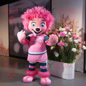 Pink Bouquet Of Flowers mascot costume character dressed with a Rugby Shirt and Bracelets