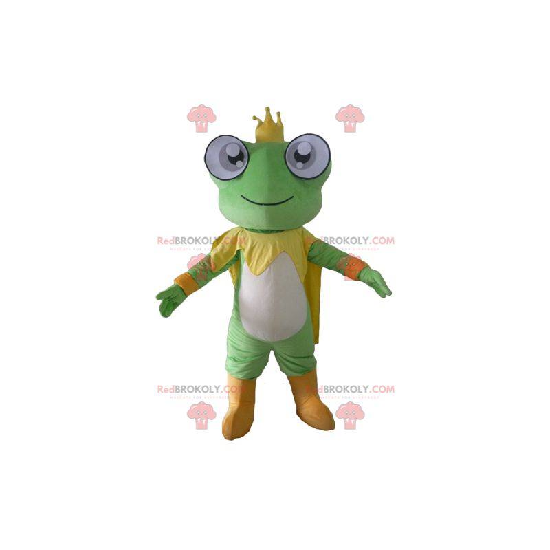 Mascota rana verde amarilla y blanca con una corona -