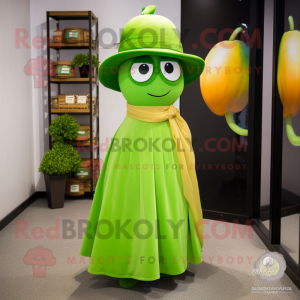 Lime Green Apricot mascot costume character dressed with a Maxi Skirt and Hat pins