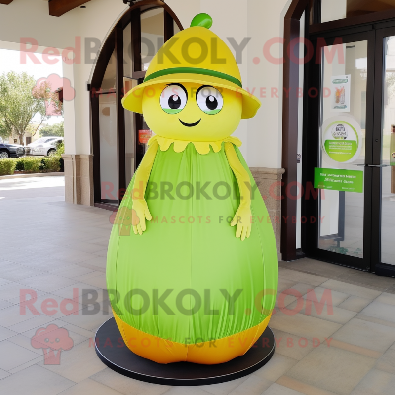 Lime Green Apricot mascot costume character dressed with a Maxi Skirt and Hat pins Lime Green Apricot mascot costume character dressed with a Maxi Skirt and Hat pins