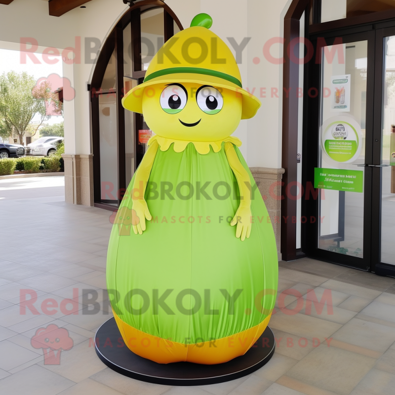 Lime Green Apricot mascot costume character dressed with a Maxi Skirt and Hat pins