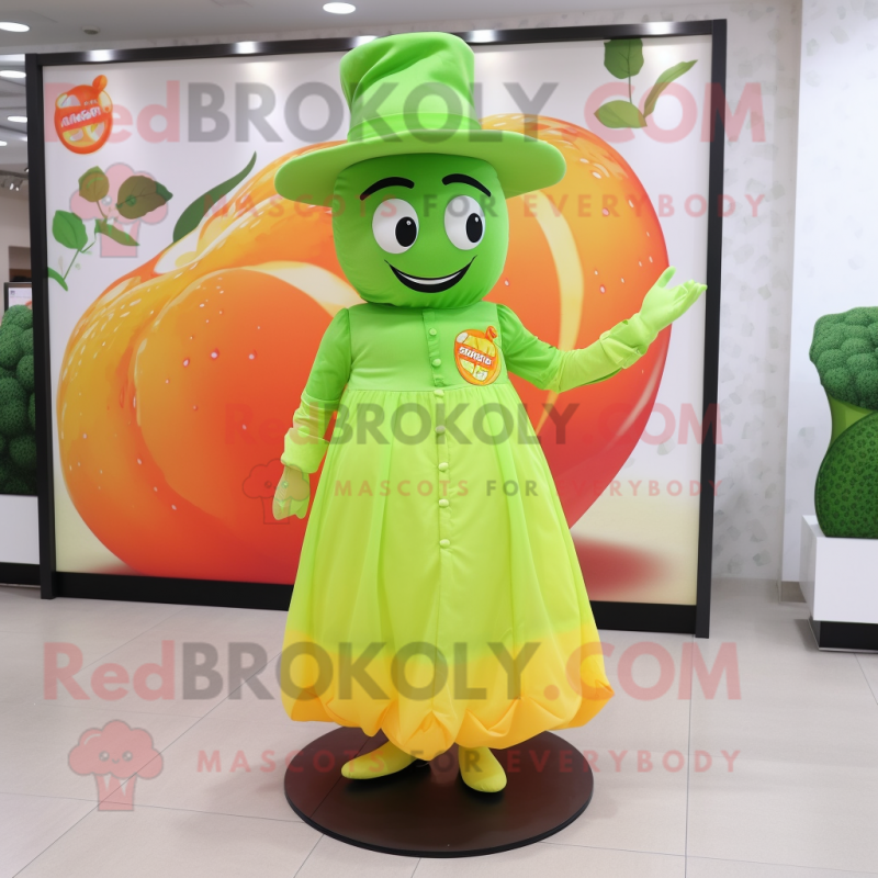 Lime Green Apricot mascot costume character dressed with a Maxi Skirt and Hat pins